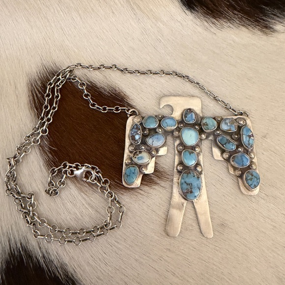 ❤️ Golden Hills Turquoise Thunderbird ADJ Statement Necklace 22.5” Unisex 33Gram - Picture 15 of 17